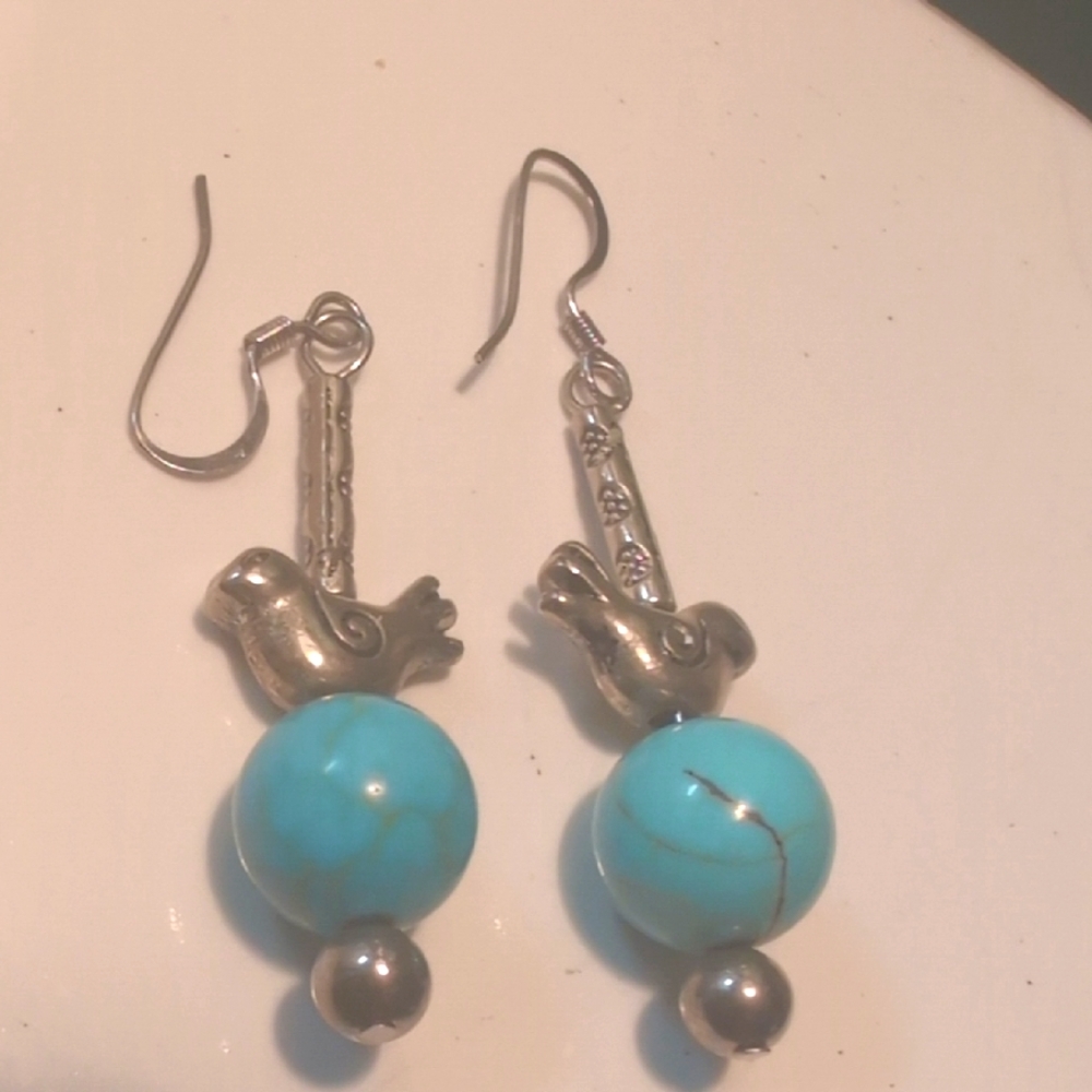 Silver and Turquoise Bird Earrings